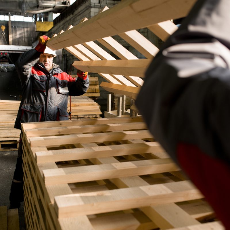 Portrait of two factory workers moving materials in workshop, copy space